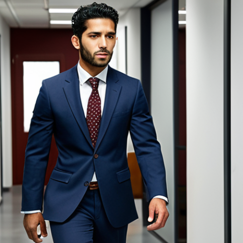 Home 4 **Image Prompt:** A stylish Latino man in a tailored navy blue suit confidently walking into a modern office. The scene emphasizes professionalism and success. Accessories include a subtle, elegant patterned tie, possibly burgundy or dark green. The setting is Madrid or Barcelona.