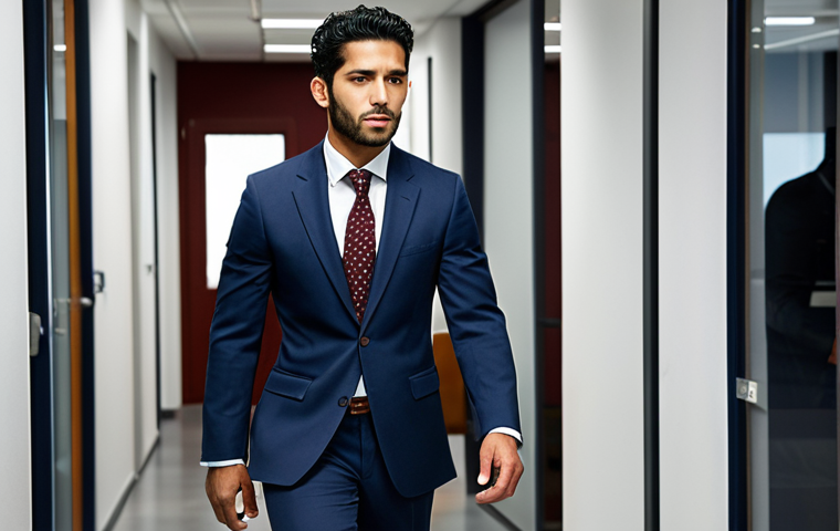 **Image Prompt:** A stylish Latino man in a tailored navy blue suit confidently walking into a modern office. The scene emphasizes professionalism and success. Accessories include a subtle, elegant patterned tie, possibly burgundy or dark green. The setting is Madrid or Barcelona.