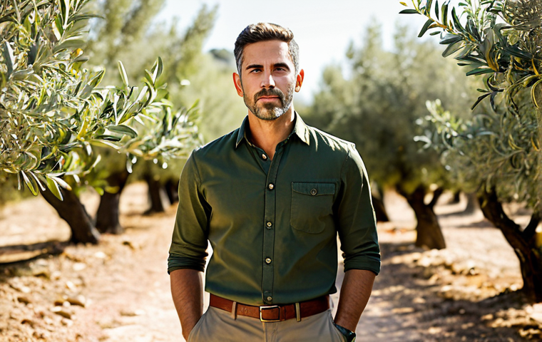 셔츠 컬러 매칭 가이드 - **
A well-dressed man with warm skin tones, wearing a perfectly fitted olive green shirt, paired wi...