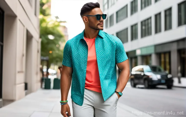 여름 남성 반팔 셔츠 - **Prompt:** A stylish man in his early 30s enjoying a relaxed summer afternoon on a sun-drenched ter...