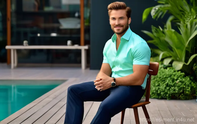 여름 남성 반팔 셔츠 - **Prompt:** A dynamic man in his mid-30s confidently strolling down a vibrant, modern city street, e...