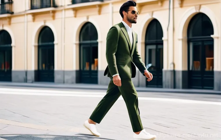 남성용 정장 팬츠 핏 - **Prompt: "A sophisticated man in his late 30s or early 40s, elegantly standing in a sunlit, classic...