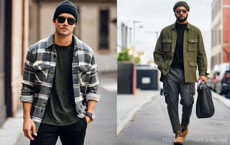 남성용 오버사이즈 패션 - A stylish young man, mid-20s, with a confident yet relaxed demeanor, standing in an urban setting. H...