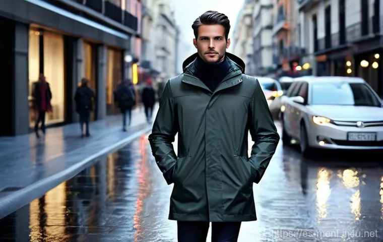 남성용 방수 재킷 - **Prompt: Mountain Adventurer in a Technical Waterproof Jacket**
    "A rugged, athletic man in his ...